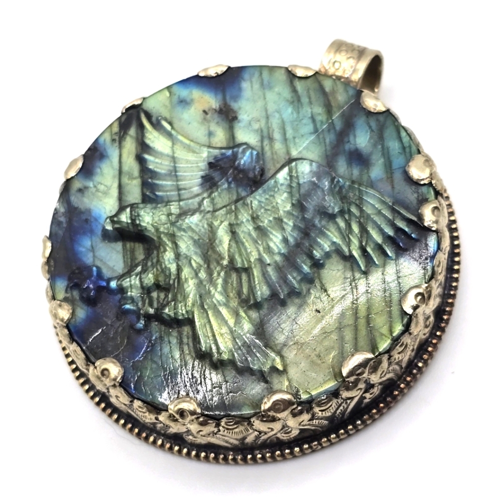 Carved Labradorite Eagle Handcrafted Tibetan Pend… - image 1